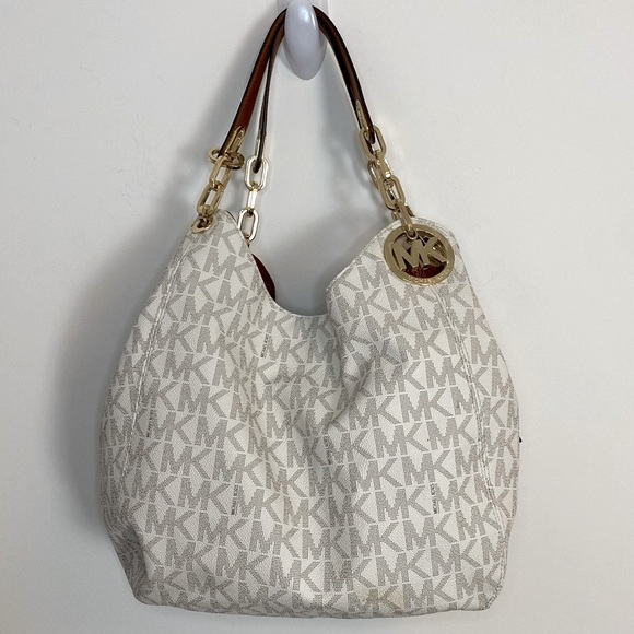 MICHAEL KORS Cream Logo Slouchy Shoulder Tote Bag Brown Leather & Gold Chains - Picture 11 of 12